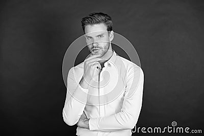 Solution. Deal with unforeseen circumstances. Crisis problem. Businessman in formal outfit. Confident man thinking Stock Photo