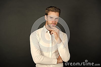 Solution. Deal with unforeseen circumstances. Crisis problem. Businessman in formal outfit. Confident man thinking Stock Photo