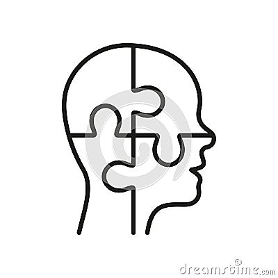 Solution in Human Head Line Icon. Person's Brain and Jigsaw, Creation Idea Concept Linear Pictogram. Thinking Vector Illustration