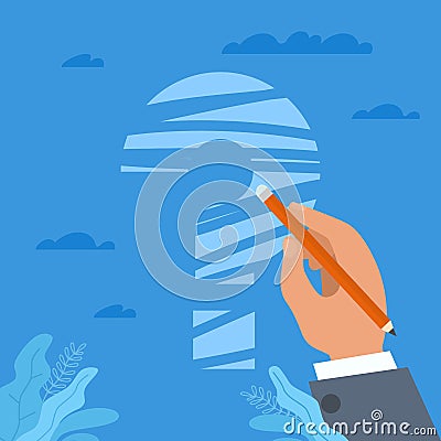 Solution of issue. Ignoring problem, hand holding pencil and erasing question mark, strategy of behavior, choice not to Vector Illustration