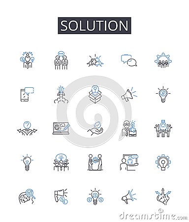 Solution line icons collection. Answer, Fix, Resolve, Cure, Remedy, Key, Way out vector and linear illustration Vector Illustration