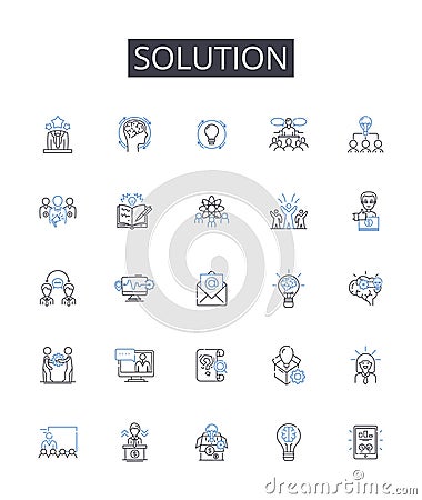 Solution line icons collection. Answer, Fix, Resolve, Cure, Remedy, Key, Way out vector and linear illustration Vector Illustration