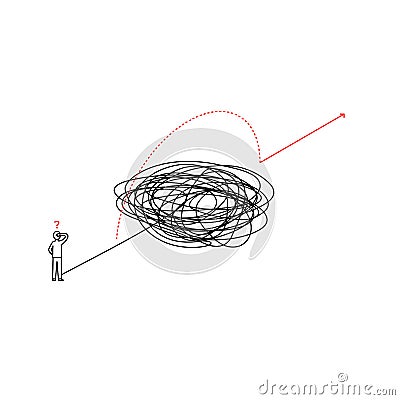 Solution looking for complicated problem illustration. businessman looking for ways to success symbol. tangled scribble line Vector Illustration