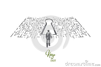 Solution searching, man finding exit in labyrinth, difficult and complicated situation, challenge metaphor Vector Illustration