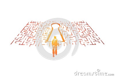 Solution searching, man finding exit in labyrinth, difficult and complicated situation, challenge metaphor Vector Illustration