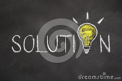 `Solution` text with an idea light bulb on chalk board Stock Photo