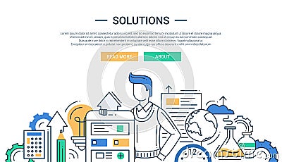 Solutions line flat design banner with male and business tools Vector Illustration