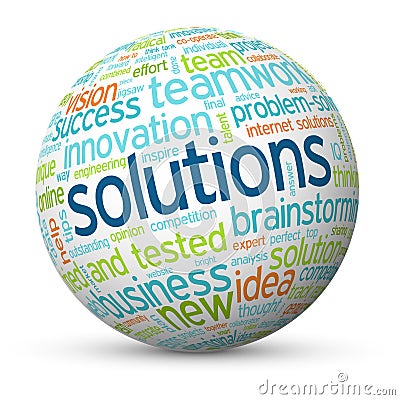 SOLUTIONS tag cloud mapped onto a sphere Vector Illustration