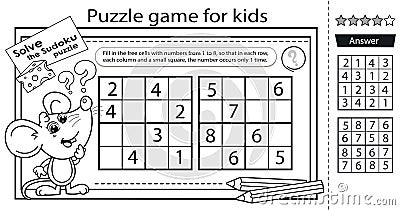 Solve the sudoku puzzle together with the little mouse. Logic puzzle for kids. Education game for children. Coloring Page. Vector Illustration