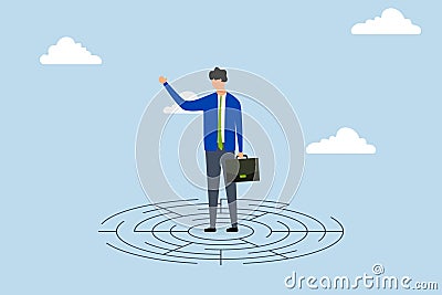 Solving complex business problem, confused businessman in middle of maze looking for way out Vector Illustration