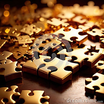 Solving the puzzle pieces for wealth and riches, with golden jigsaw Stock Photo