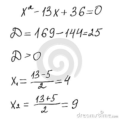 Solving a quadratic equation by task scheme.Finding roots.Algebra background. Education,getting classes,school program. Higher Vector Illustration