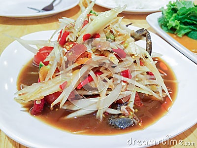 Som Tum Poo, Thai papaya salad with crab. Stock Photo