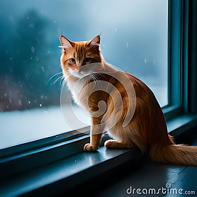 A Somali Cat's Gaze on a Snowy Winter Day. Stock Photo