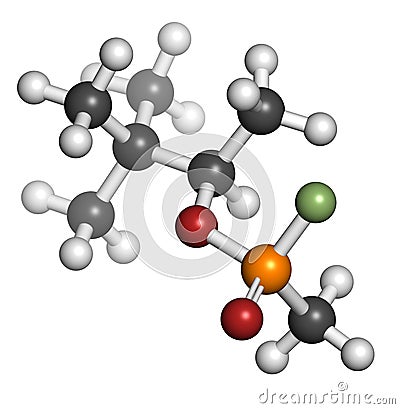 Soman nerve agent molecule, 3D rendering (chemical weapon). Atoms are represented as spheres with conventional color coding: Stock Photo