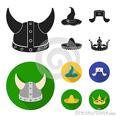 Sombrero, hat with ear-flaps, helmet of the viking.Hats set collection icons in black, flat style vector symbol stock Vector Illustration