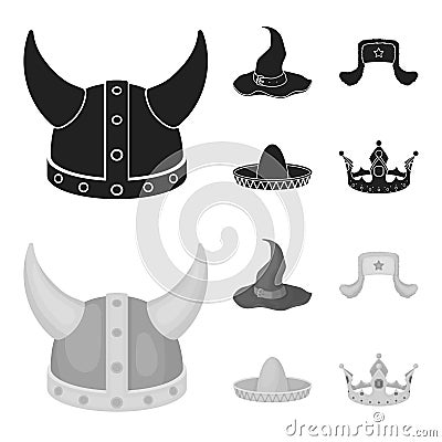 Sombrero, hat with ear-flaps, helmet of the viking.Hats set collection icons in black,monochrom style vector symbol Vector Illustration