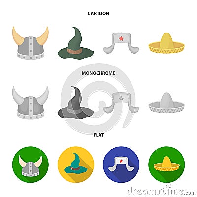 Sombrero, hat with ear-flaps, helmet of the viking.Hats set collection icons in cartoon,flat,monochrome style vector Vector Illustration