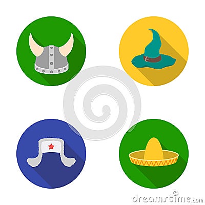 Sombrero, hat with ear-flaps, helmet of the viking.Hats set collection icons in flat style vector symbol stock Vector Illustration