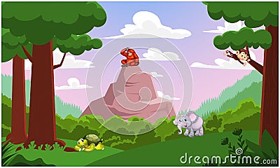 Some animals are playing in forest Vector Illustration