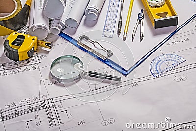 Some architect tools on blueprint Stock Photo