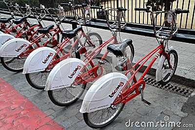 Some bicycles of the bicing service in Barcelona, Spain Editorial Stock Photo