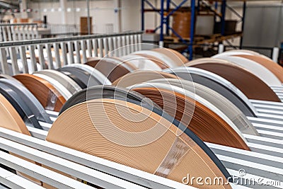 Some different coloured plastic edges for gluing furniture surfaces hang next to each other in a machine Stock Photo