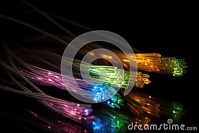 Some fibre optic cables glowing at the end in different colors against a black background created with generative AI technology Stock Photo