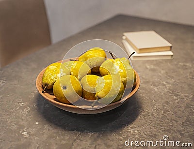 Some fresh Fruits on a Plate in the dining, 3D rendering Stock Photo