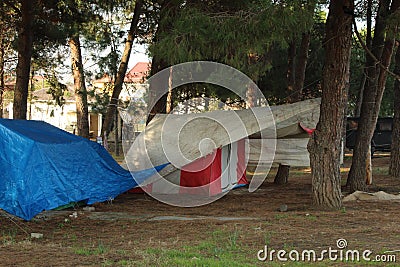 Some homeless tents in forest near road. Sad situation of America Stock Photo