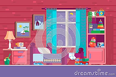 Some Kid Bedroom. Illustration of a cartoon children bedroom with boy or girl lifestyle elements, toys, bed, books, desk Vector Illustration