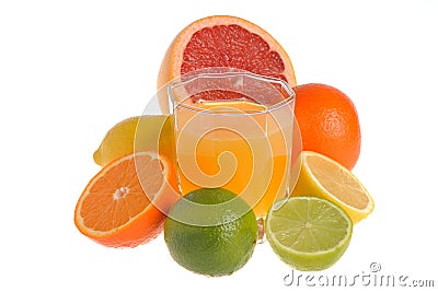 Some kind of citrus with the glass filled with citrus juice isolated on white Stock Photo