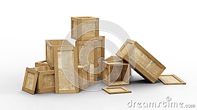 Some opened wood transport box with different size put in a jumble on the floor Stock Photo