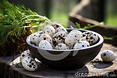 Some quail eggs in an outdoor setting ai created Stock Photo