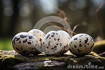 Some quail eggs in an outdoor setting ai created Stock Photo