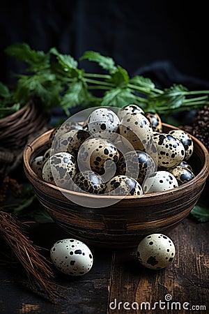 Some quail eggs in an outdoor setting ai created Stock Photo