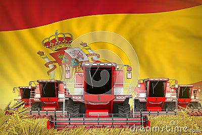 Some red farming combine harvesters on rural field with Spain flag background - front view, stop starving concept - industrial 3D Cartoon Illustration