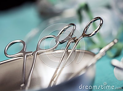Some scissors for surgery on a tray Stock Photo