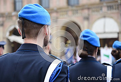 Some soldiers in blue uniform of the Italian army including women Editorial Stock Photo