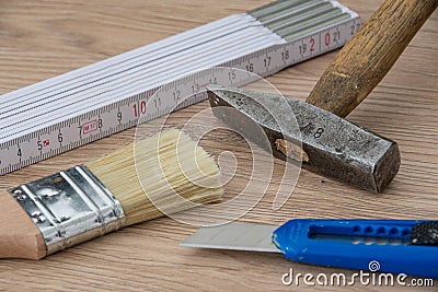 Some tools, hammer, brush, pocket rule, folding meter stick... Stock Photo