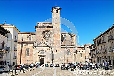 Some tourist are relaxed in a terrace in the major square of Siguenza, Guadalajara, Spain. Editorial Stock Photo