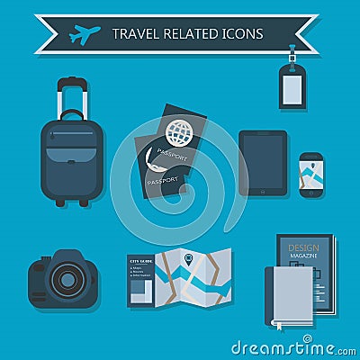 Some travel essentials and related icons Vector Illustration