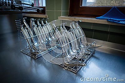 Various gynecological specula are in an instrument basket for reprocessing in the steri Stock Photo