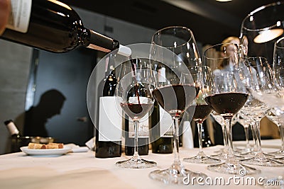 A somelier pours wine into the glass at the restaurant Stock Photo