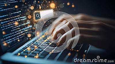 Googling Typing Words on a High Tech Holographic Computer Laptop Notebook Keyboard to Look Up, Google, Research, Search Engine Bar Stock Photo