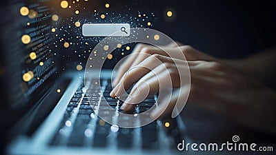 Googling Typing Words on a High Tech Holographic Computer Laptop Notebook Keyboard to Look Up, Google, Research, Search Engine Bar Stock Photo