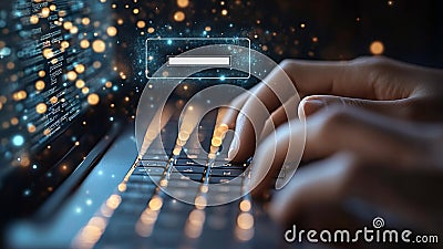 Googling Typing Words on a High Tech Holographic Computer Laptop Notebook Keyboard to Look Up, Google, Research, Search Engine Bar Stock Photo