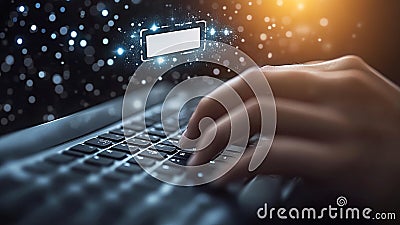 Googling Typing Words on a High Tech Holographic Computer Laptop Notebook Keyboard to Look Up, Google, Research, Search Engine Bar Stock Photo