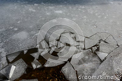 When someone falls into the frozen water, a hole in icefloes remains as one trace of a drowned man. children skate and often fall Stock Photo