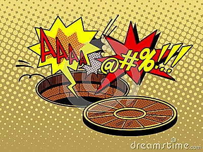 Someone fell into the open hatch pop art vector Vector Illustration